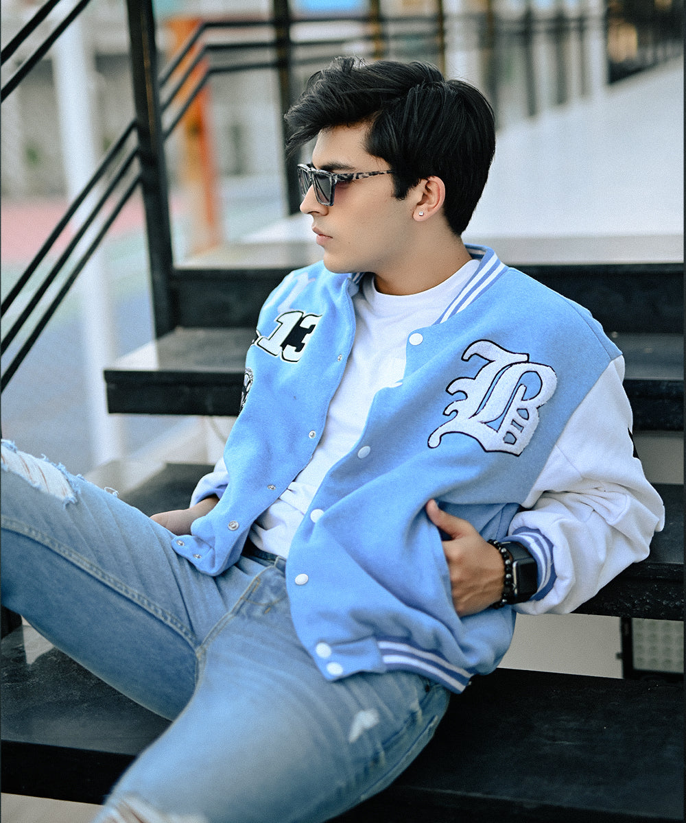 LA Sky Blue Letterman Jacket | Varsity Jackets | Evo Wardrobe | Unisex