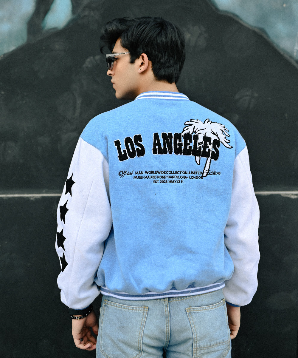 LA Sky Blue Letterman Jacket | Varsity Jackets | Evo Wardrobe | Unisex
