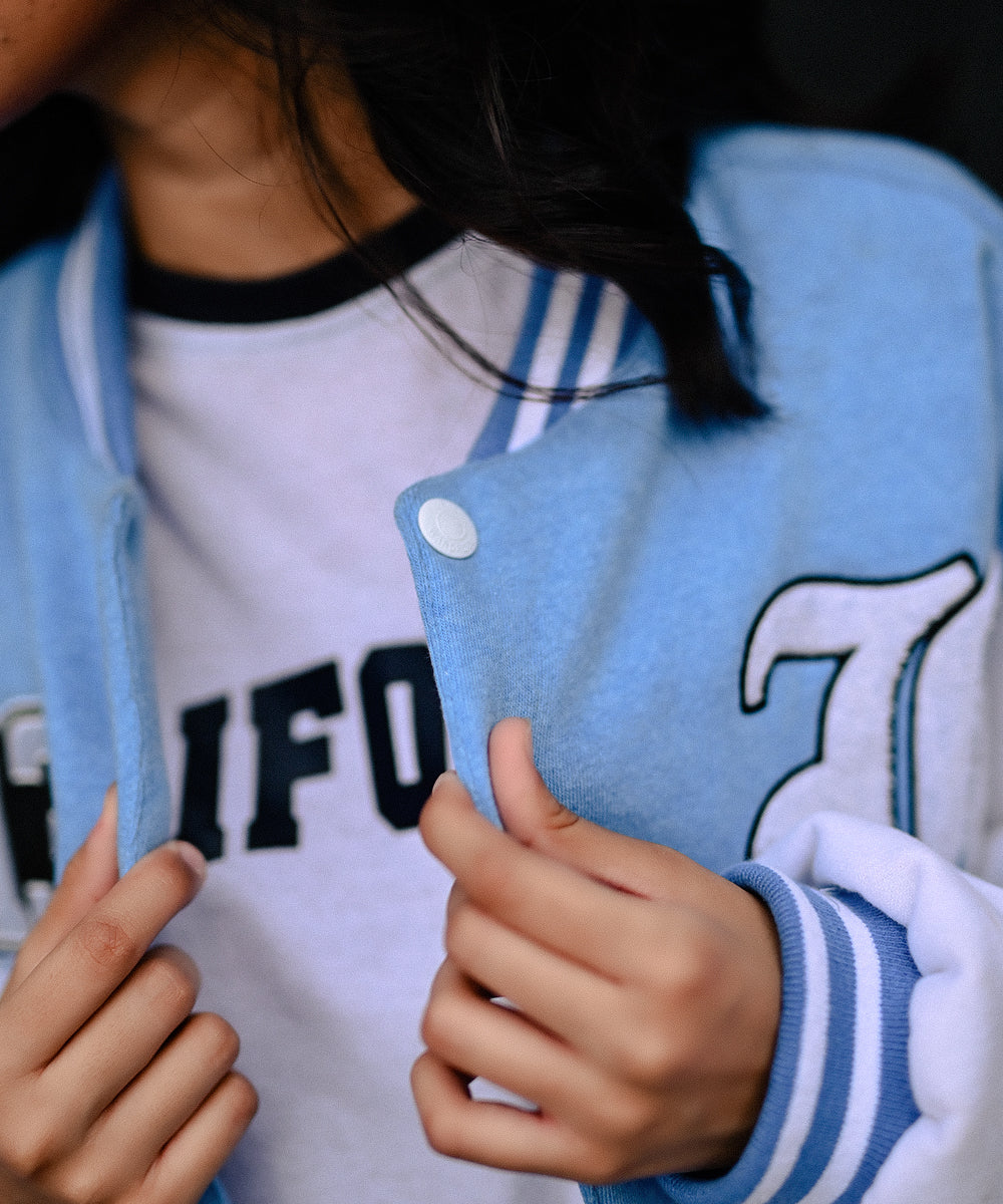 LA Sky Blue Letterman Jacket | Varsity Jackets | Evo Wardrobe | Unisex