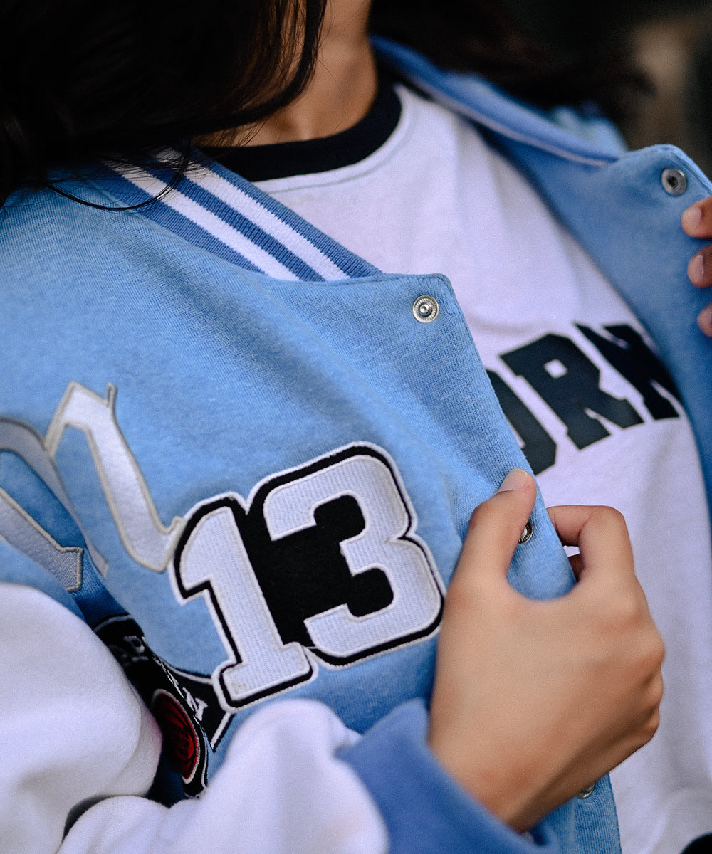 LA Sky Blue Letterman Jacket | Varsity Jackets | Evo Wardrobe | Unisex