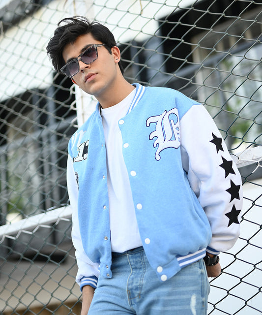 LA Sky Blue Letterman Jacket | Varsity Jackets | Evo Wardrobe | Unisex