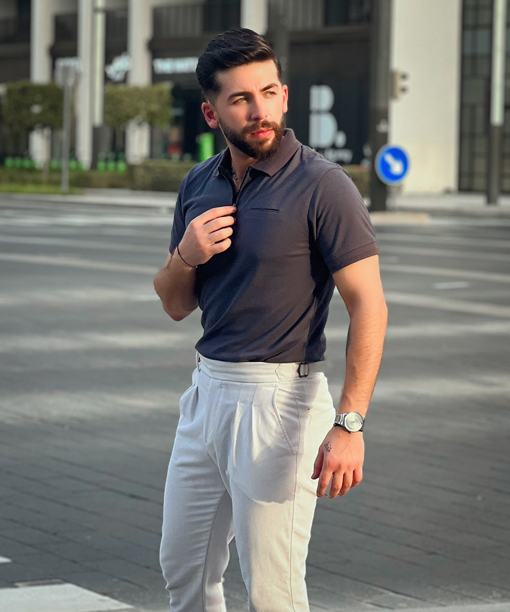 Sleek Silver Evo Men Grey Polo Effortless Style with Bone Pocket