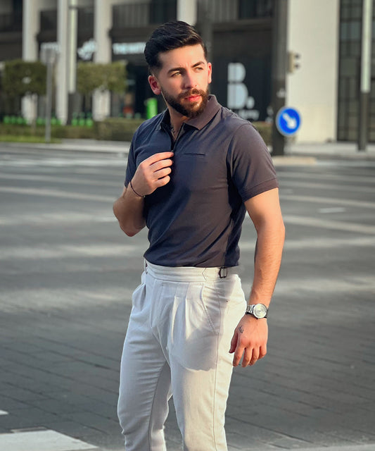 Sleek Silver Evo Men Grey Polo Effortless Style with Bone Pocket