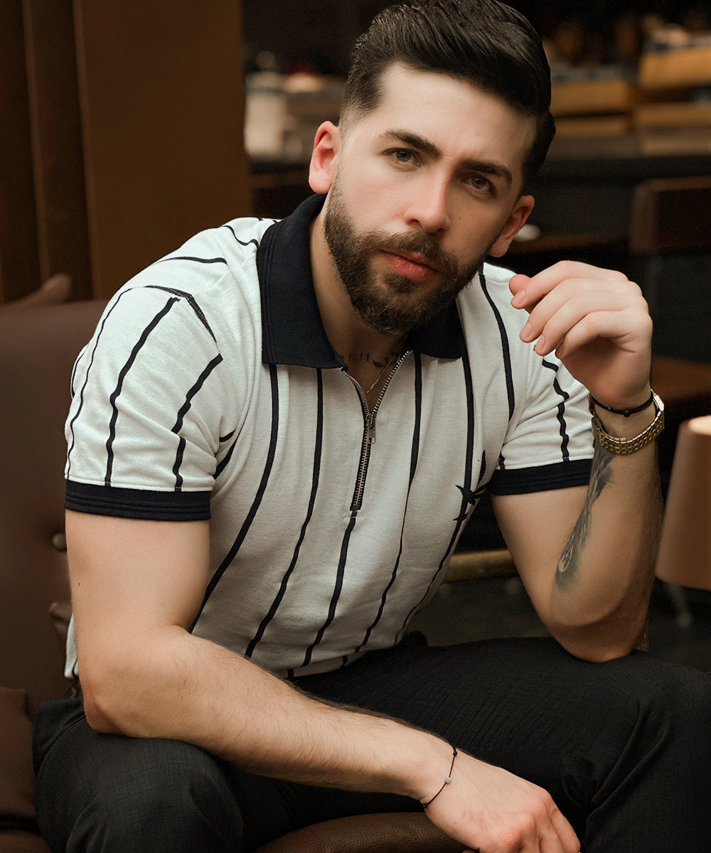 Evo Leafy Stripes Men Zipper Polo