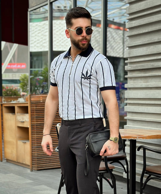 Evo Leafy Stripes Men Zipper Polo