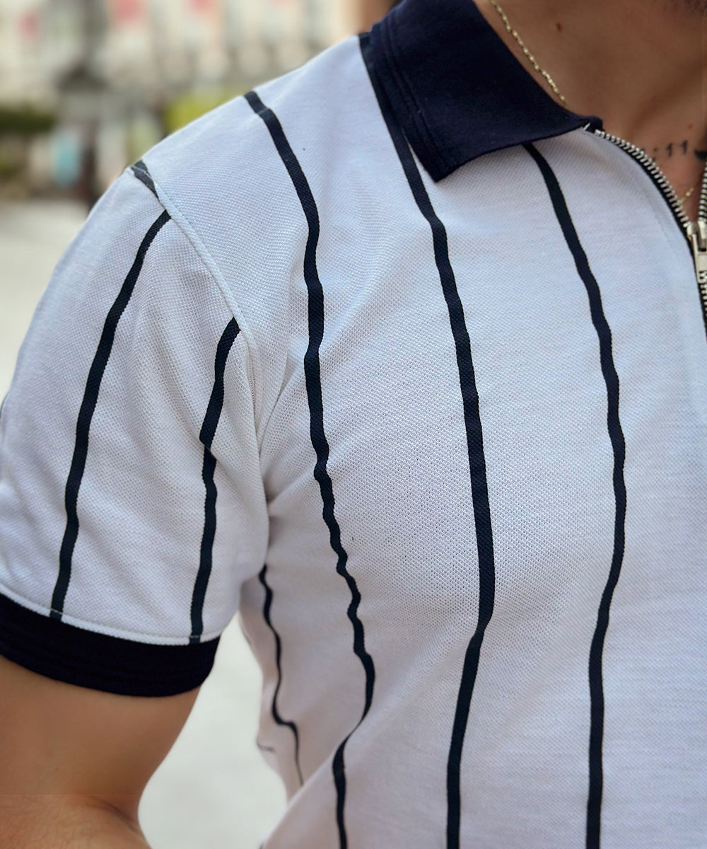 Evo Leafy Stripes Men Zipper Polo