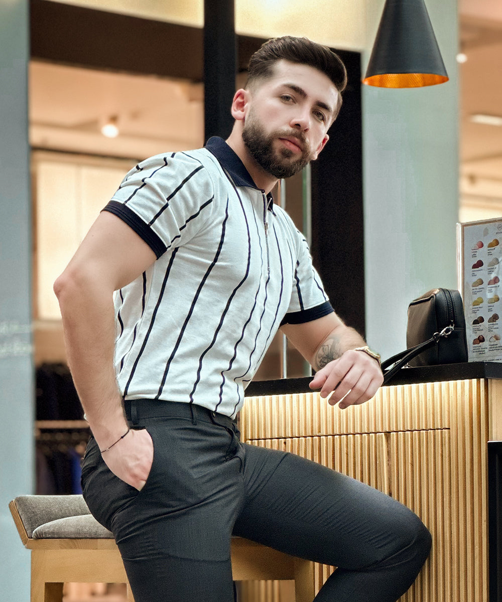 Evo Leafy Stripes Men Zipper Polo