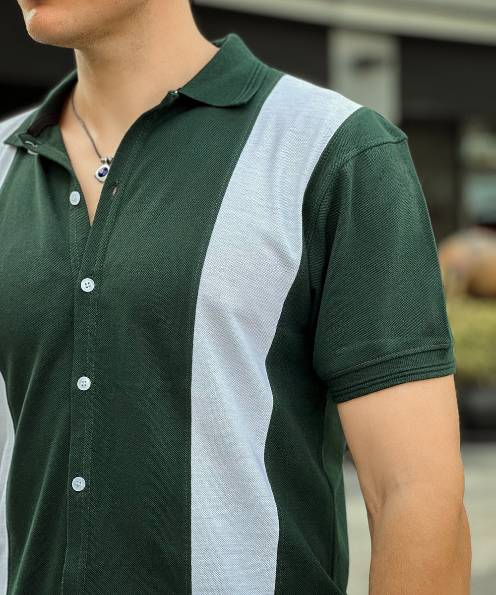 Emerald Elegance Evo Men Green and White Button Down Polo
