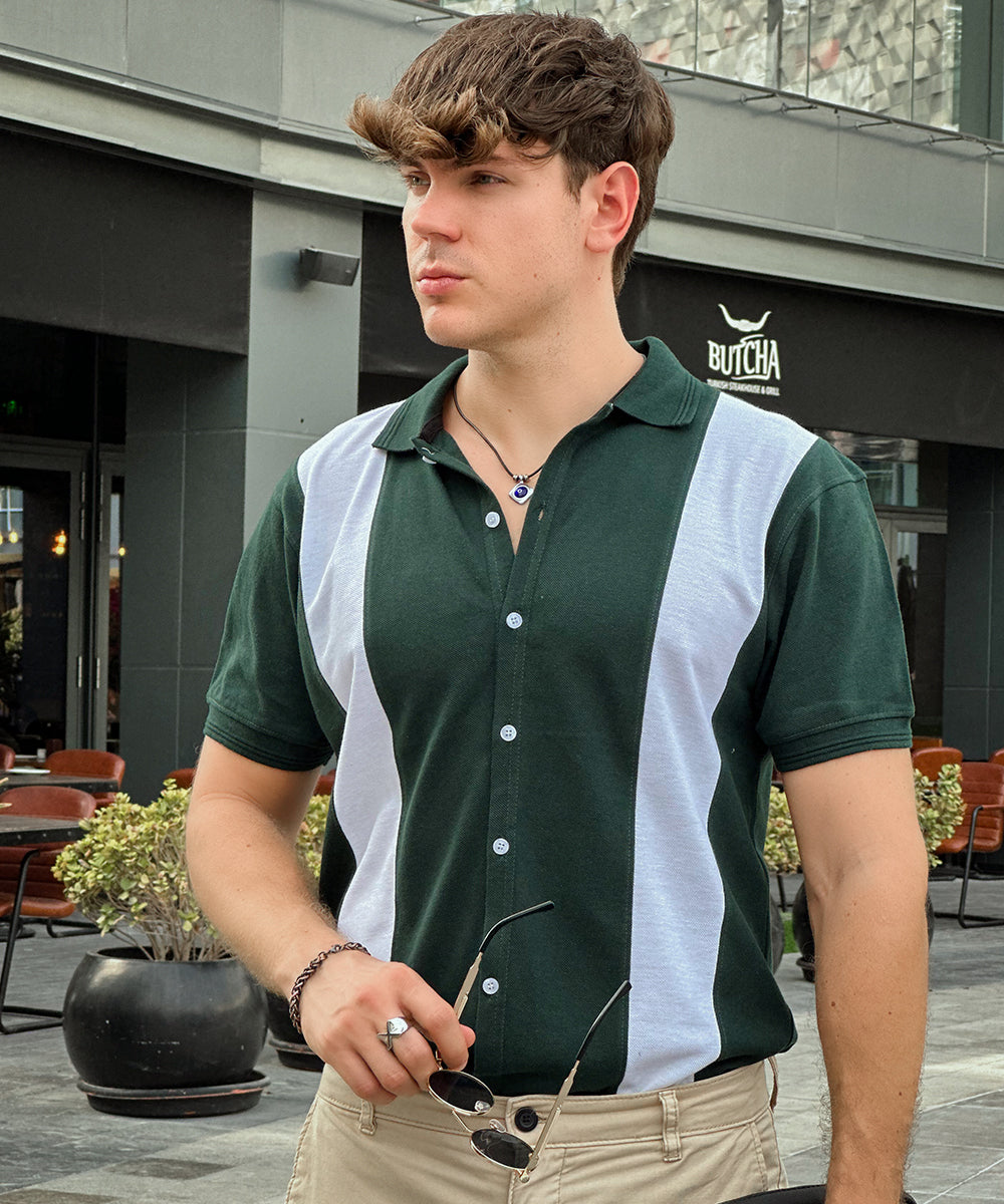 Emerald Elegance Evo Men Green and White Button Down Polo
