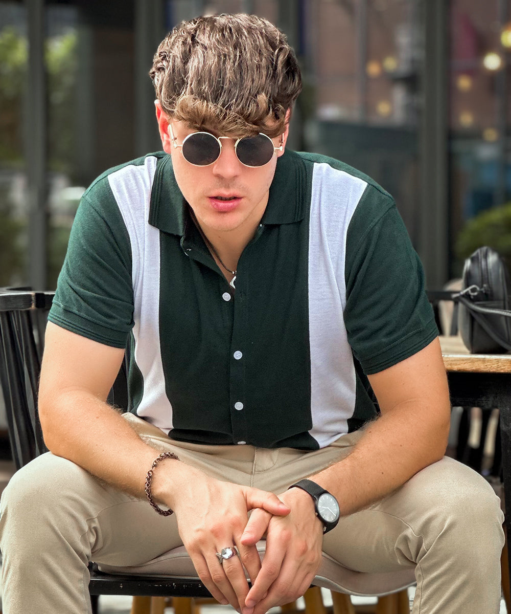 Emerald Elegance Evo Men Green and White Button Down Polo
