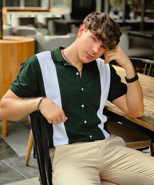 Emerald Elegance Evo Men Green and White Button Down Polo