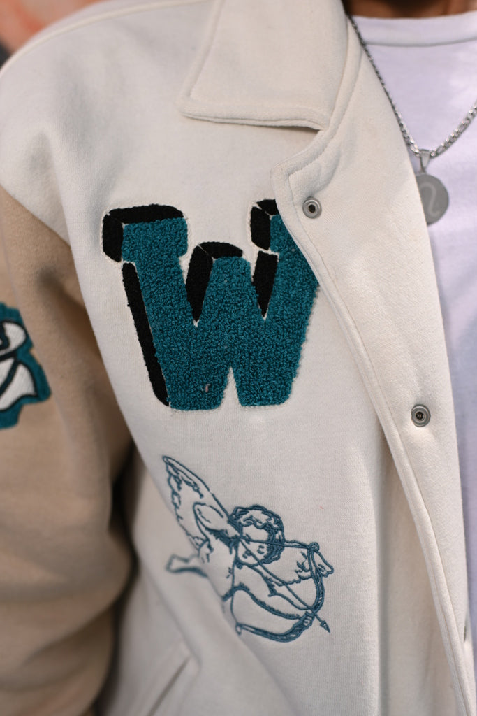 Evo Vintage Varsity: Off-White & Beige Unisex Varsity Jacket