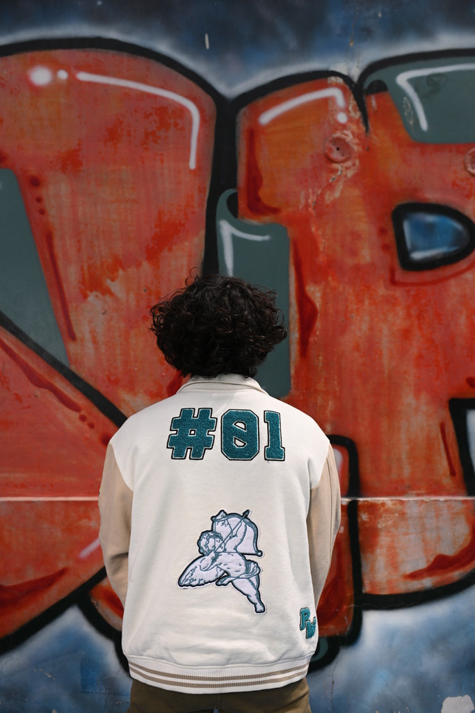 Evo Vintage Varsity: Off-White & Beige Unisex Varsity Jacket