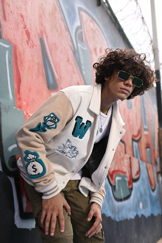 Evo Vintage Varsity: Off-White & Beige Unisex Varsity Jacket