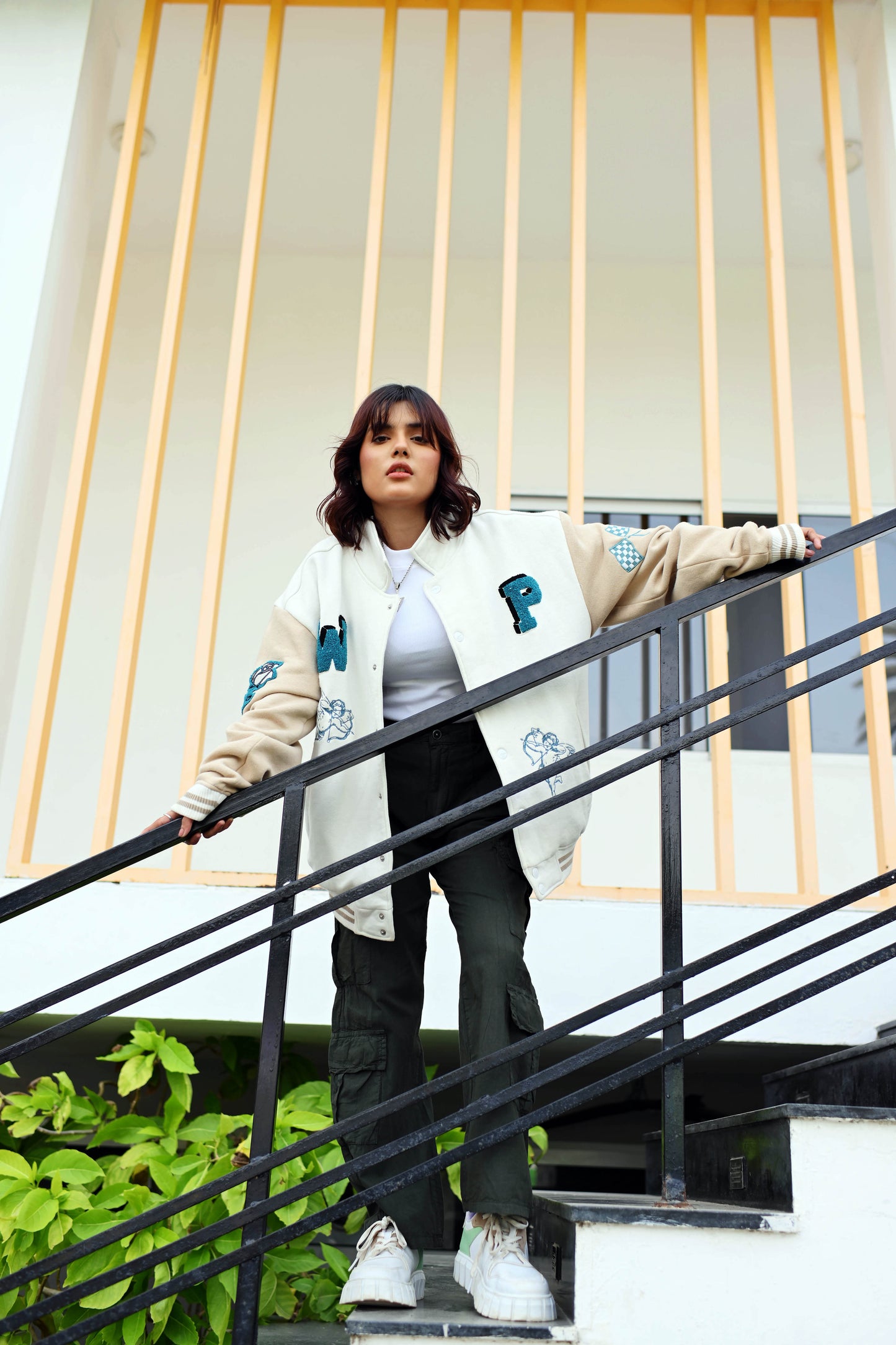 Evo Vintage Varsity: Off-White & Beige Unisex Varsity Jacket