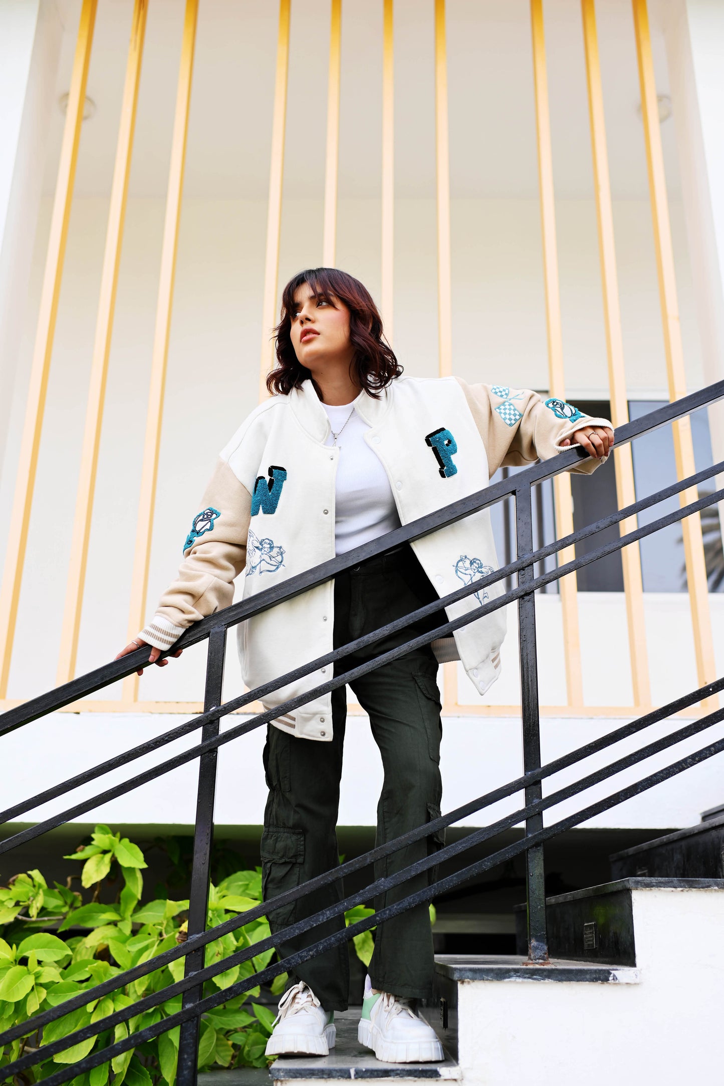 Evo Vintage Varsity: Off-White & Beige Unisex Varsity Jacket