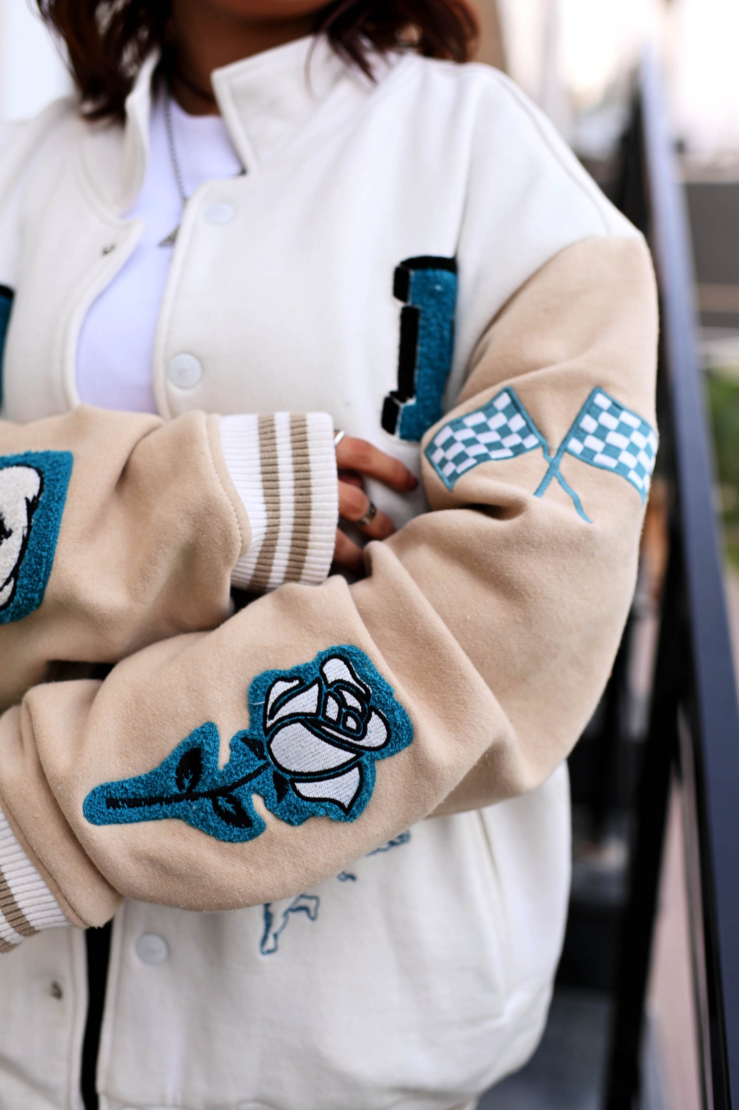 Evo Vintage Varsity: Off-White & Beige Unisex Varsity Jacket