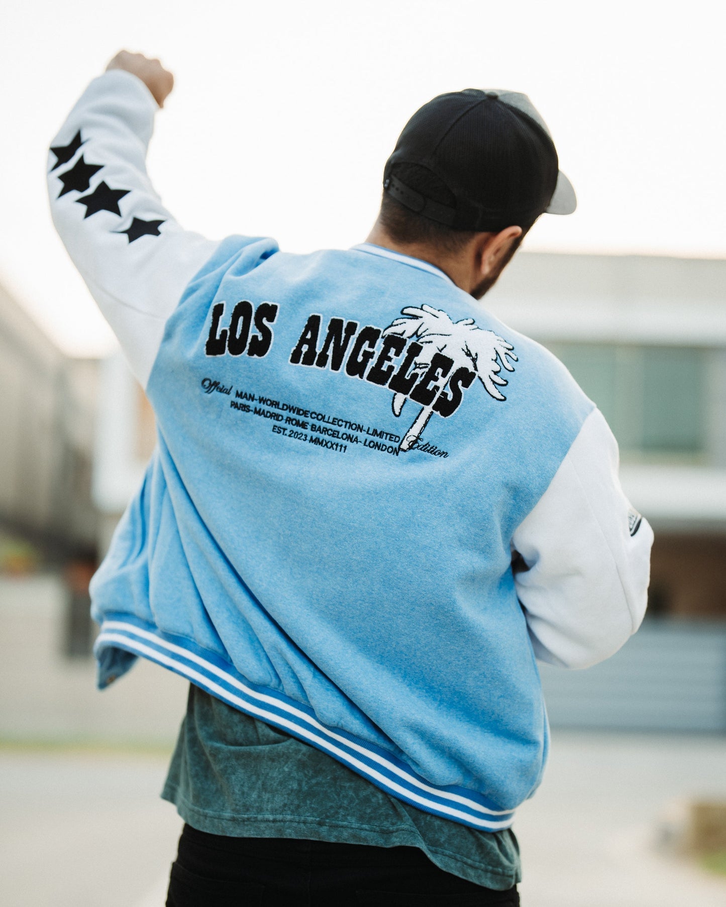 LA Sky Blue Letterman Jacket | Varsity Jackets | Evo Wardrobe | Unisex