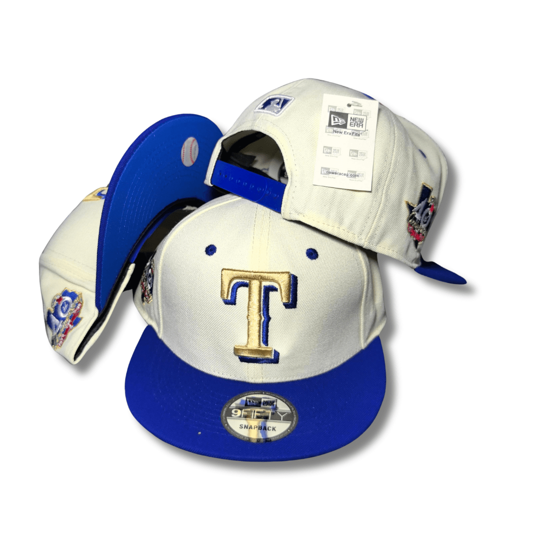 Texas Rangers White and Royal Blue Gold Accent Embroidery – Snapback Cap