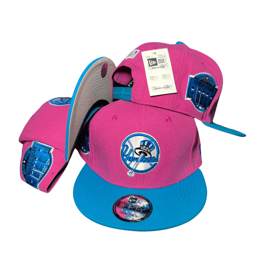 New York Yankees Pink and Blue with Retro Logo and Side Patches – Snapback Cap