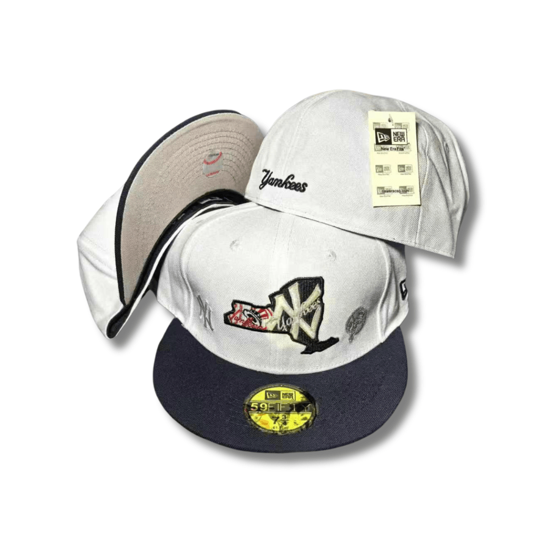 New York Yankees with State Patch and Navy Brim White – Fitted Cap
