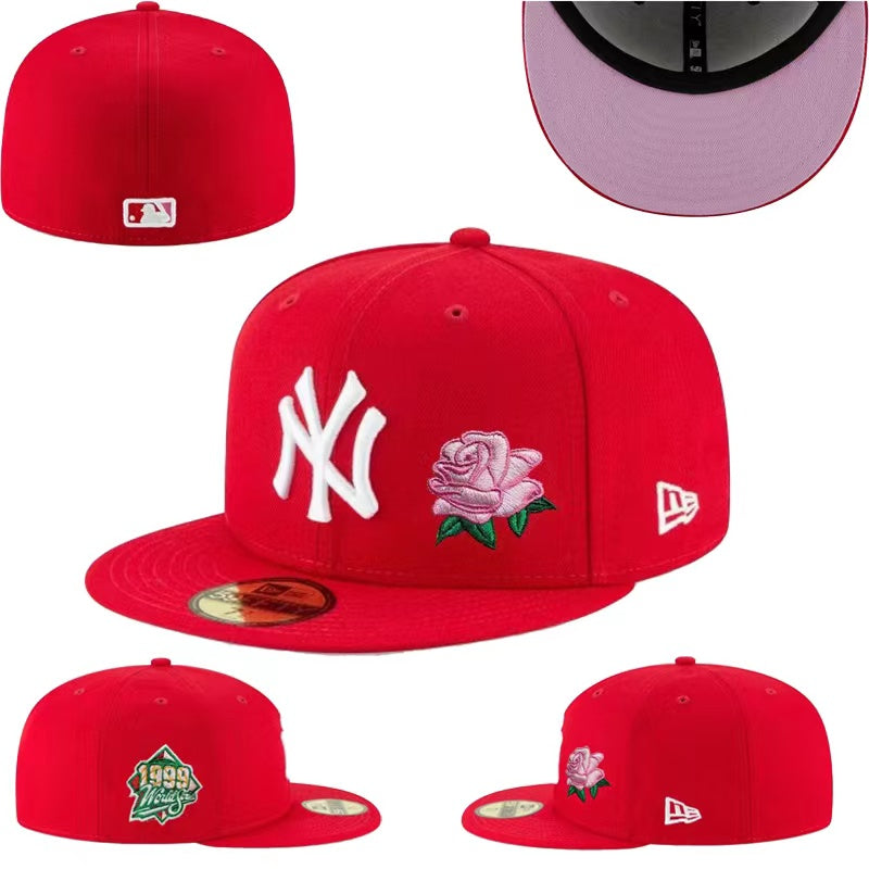 New York Yankees 59FIFTY Fitted Hat with Rose Embroidery and 1999 World Series Patch – Red