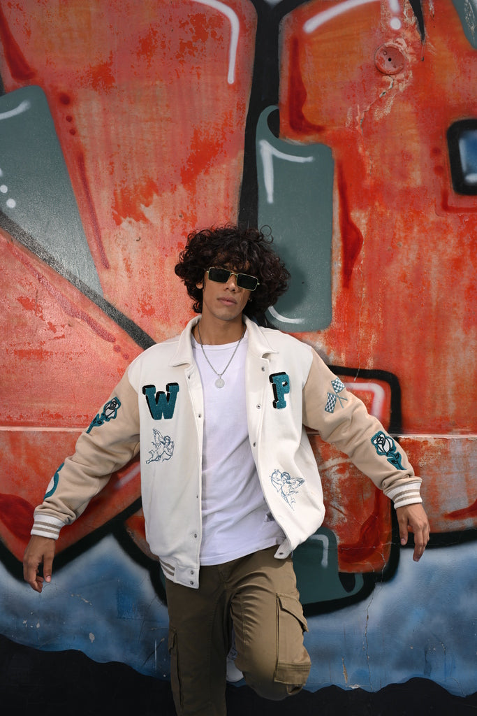 Evo Vintage Varsity: Off-White & Beige Unisex Varsity Jacket
