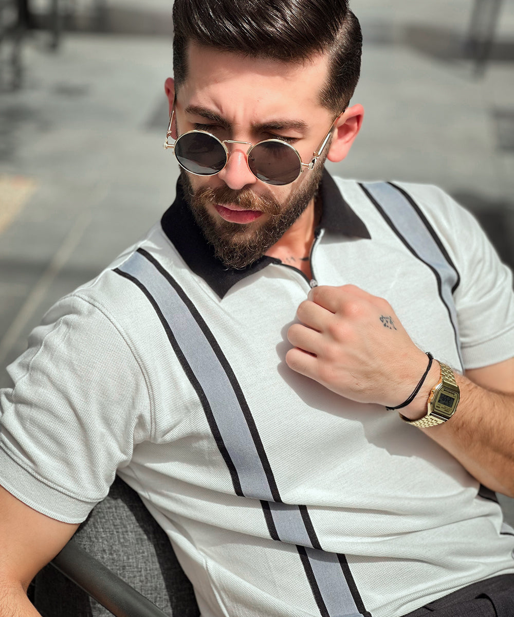 Timeless Fusion Evo Men White Zipper Polo with Grey Striped Twill Tape