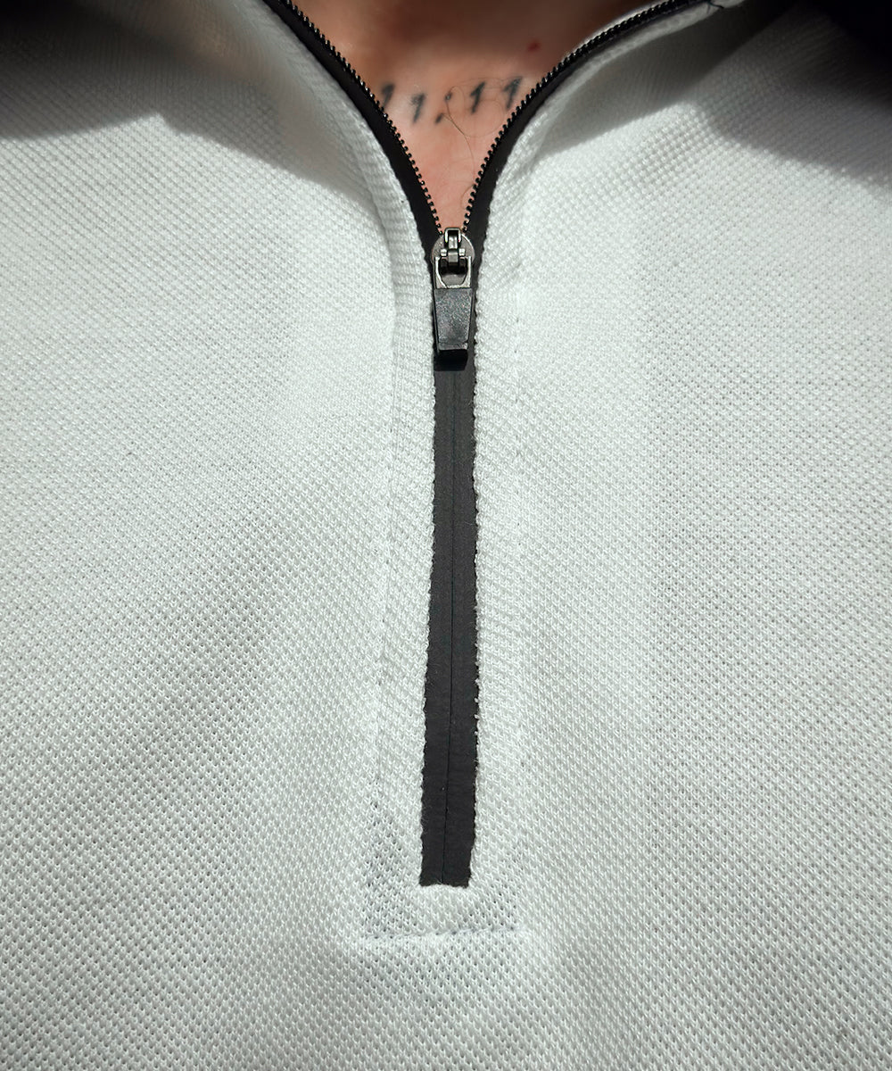 Timeless Fusion Evo Men White Zipper Polo with Grey Striped Twill Tape