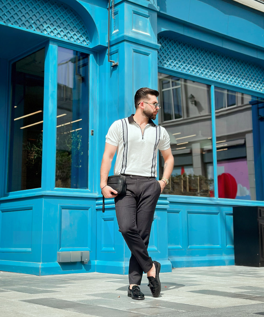 Timeless Fusion Evo Men White Zipper Polo with Grey Striped Twill Tape