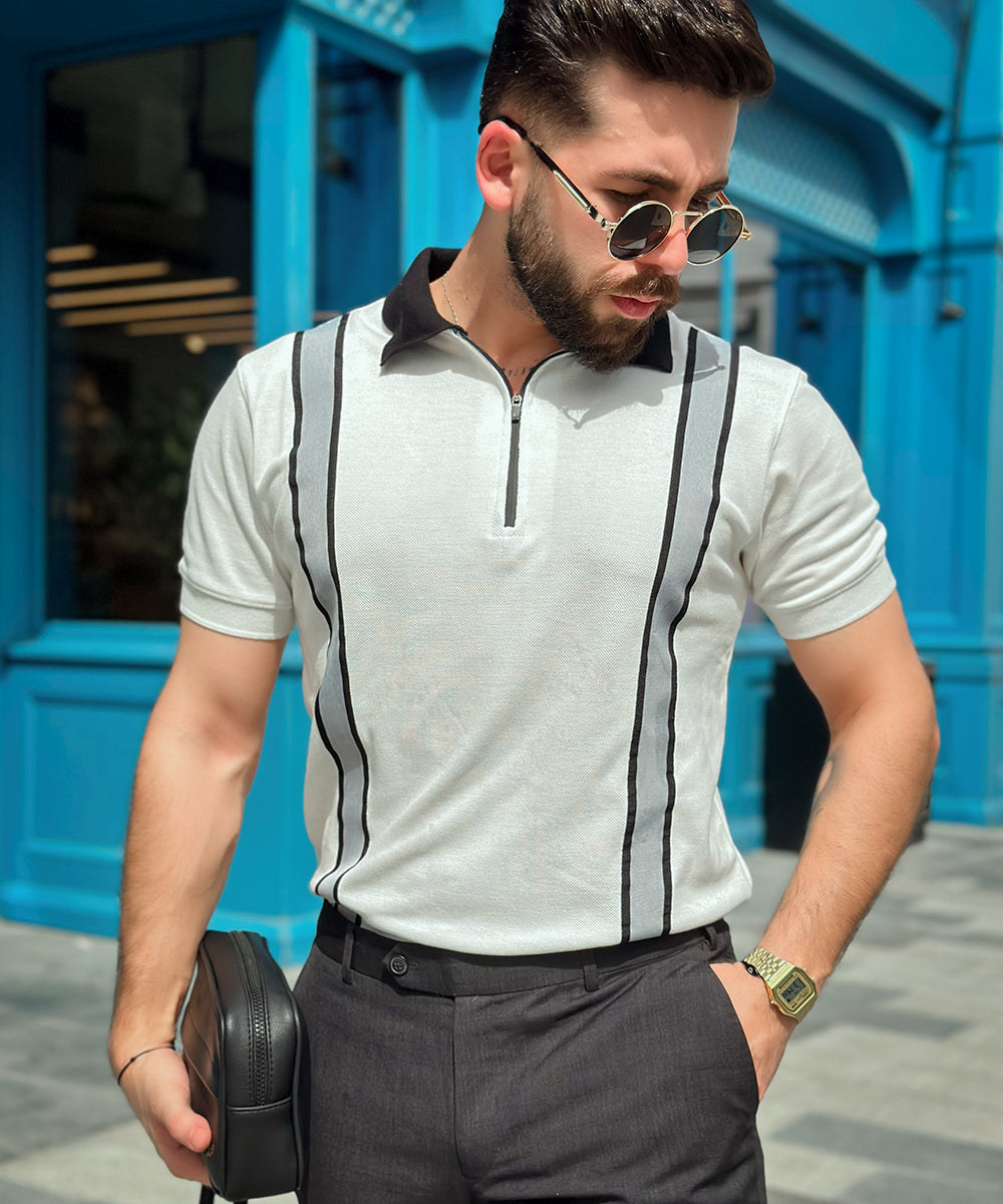 Timeless Fusion Evo Men White Zipper Polo with Grey Striped Twill Tape