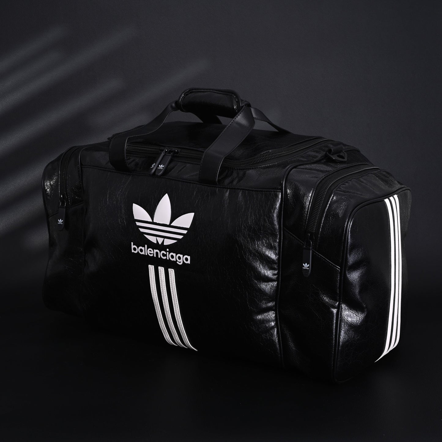 Balenciaga x adidas Large Duffel Travel Bag – Black with Trefoil Logo and Triple Stripes