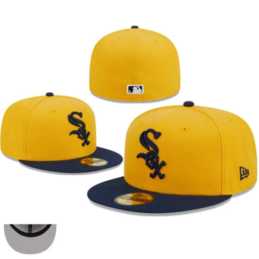 White Sox Snapback Hat with Yellow Crown and Navy Blue Brim